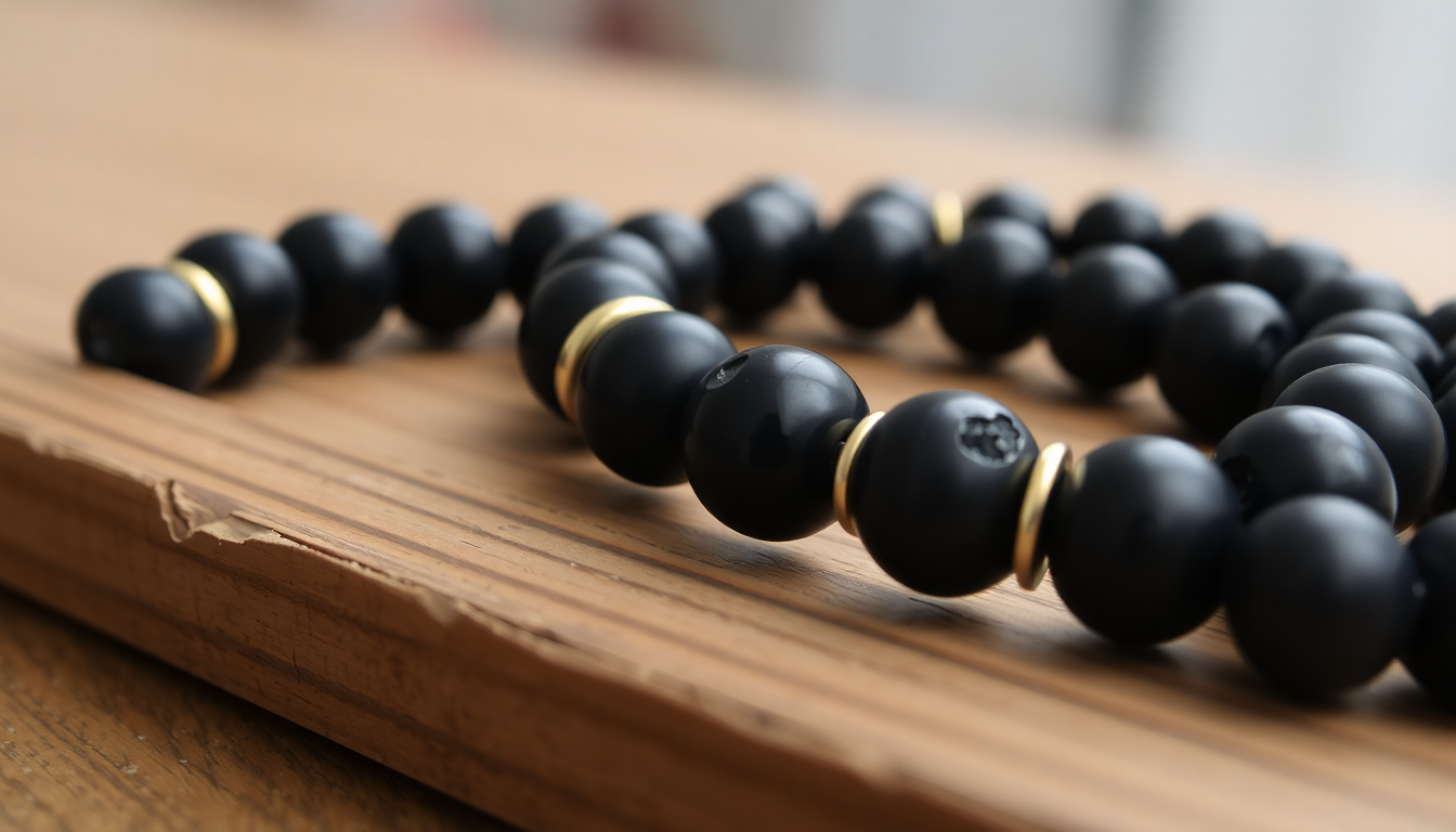 A close-up of a matte black agate beaded bracelet with gold-plated spacers, resting on a wooden surface. The natural texture of the beads is visible.