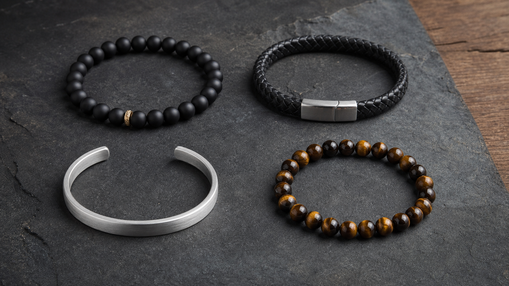 Men's natural stone, leather and silver bracelets arranged on dark slate