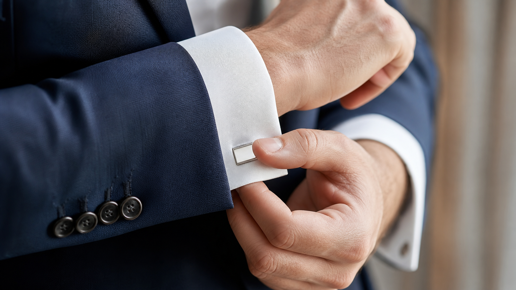 Man fastening a silver cufflink through a white French cuff