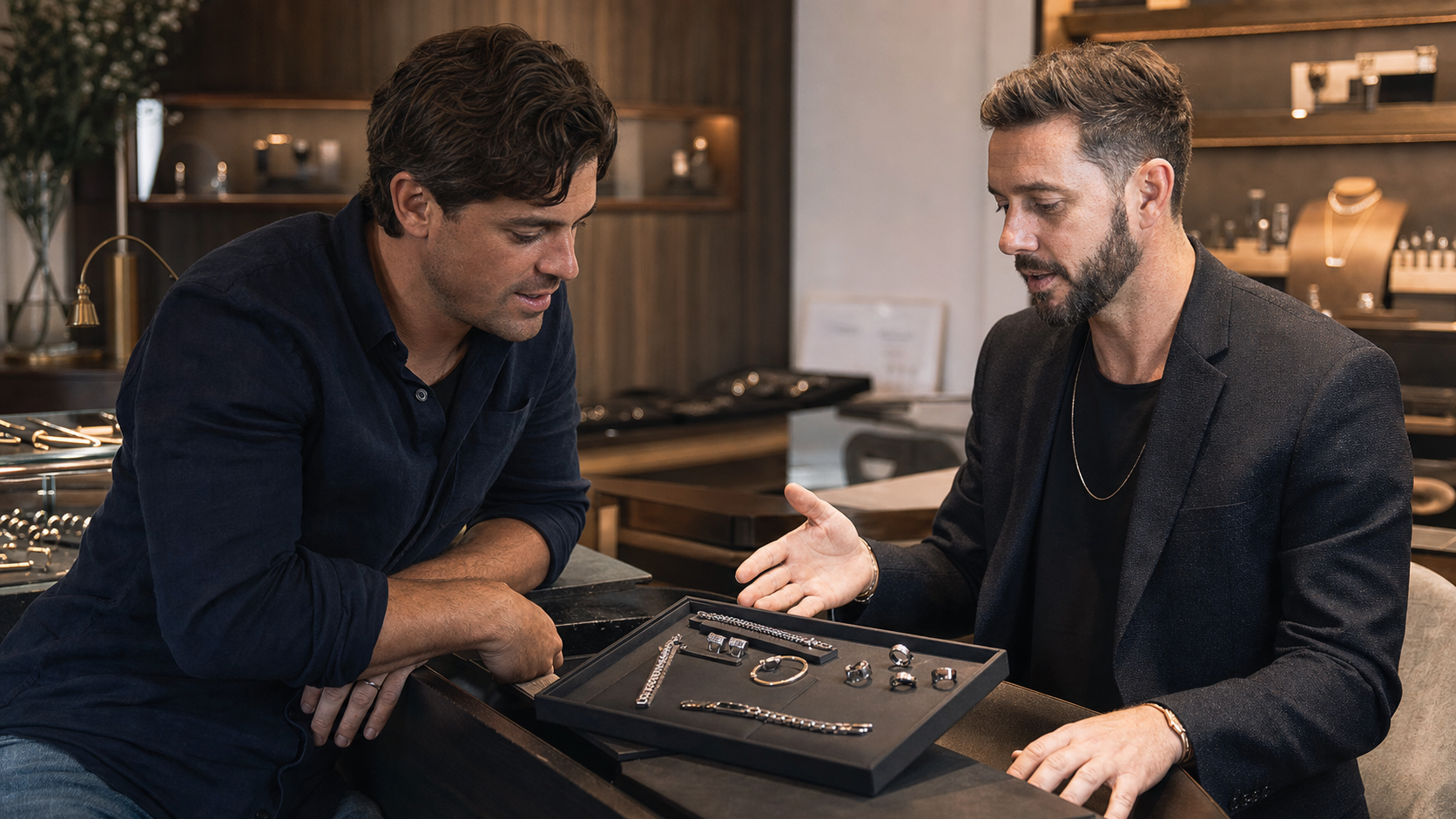 Men's jewellery consultation in a contemporary Melbourne boutique