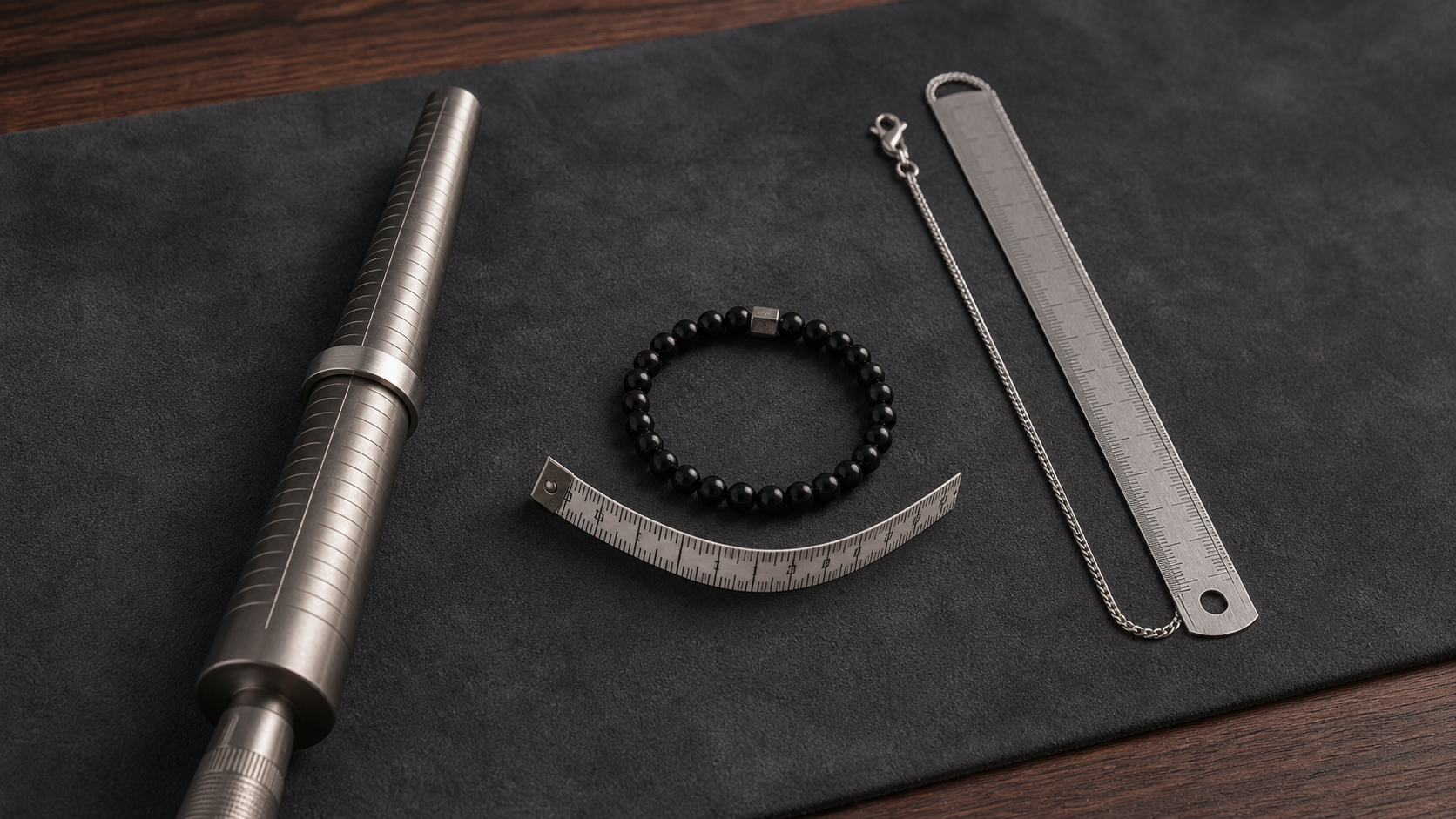 Ring mandrel, black onyx bracelet, measuring tape, chain and ruler