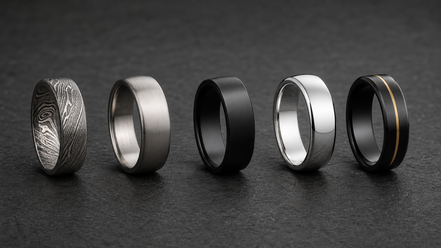 Damascus steel, titanium, zirconium, silver and tungsten men's rings
