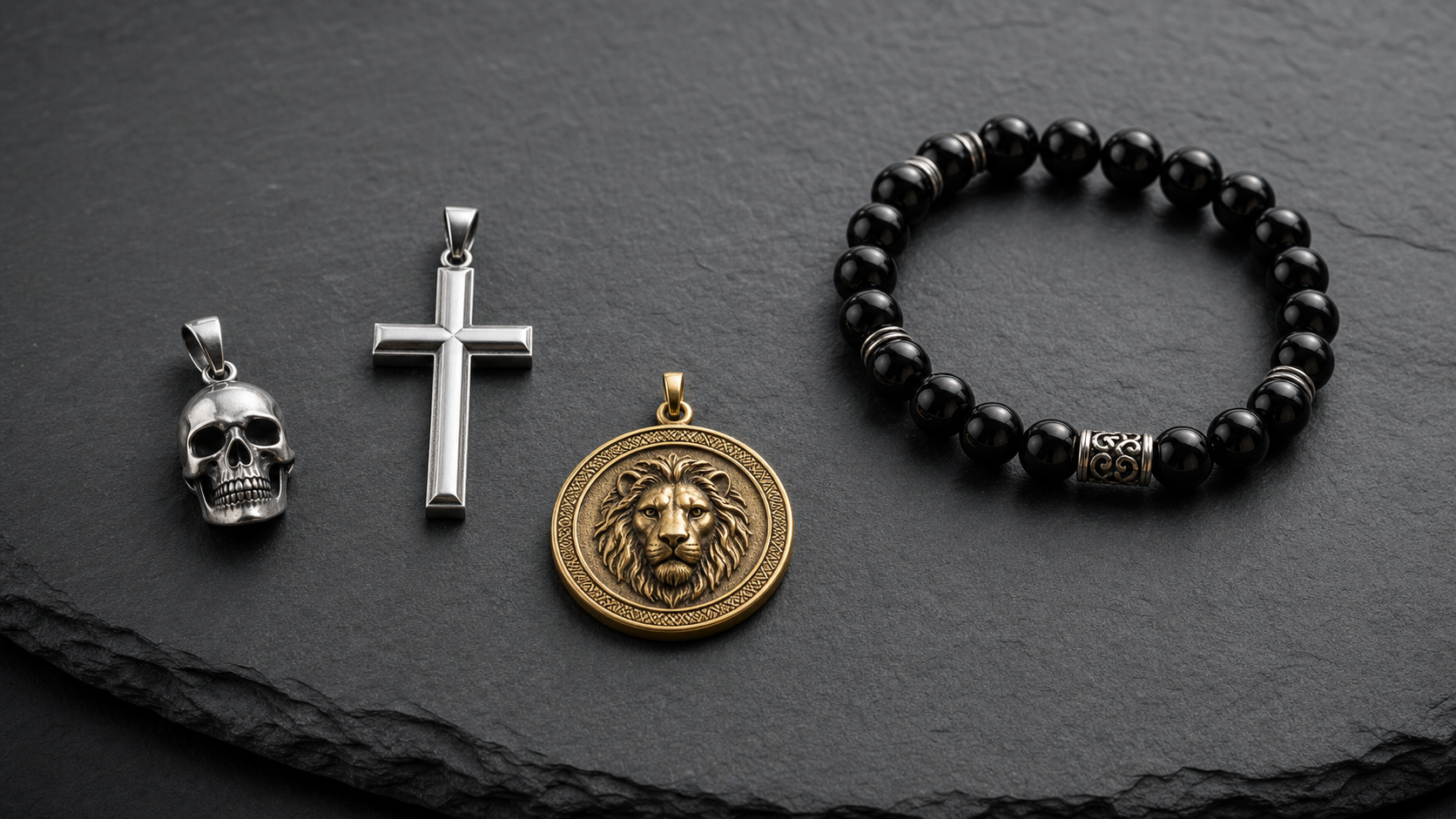 Skull, cross and lion pendants with a black onyx men's bracelet