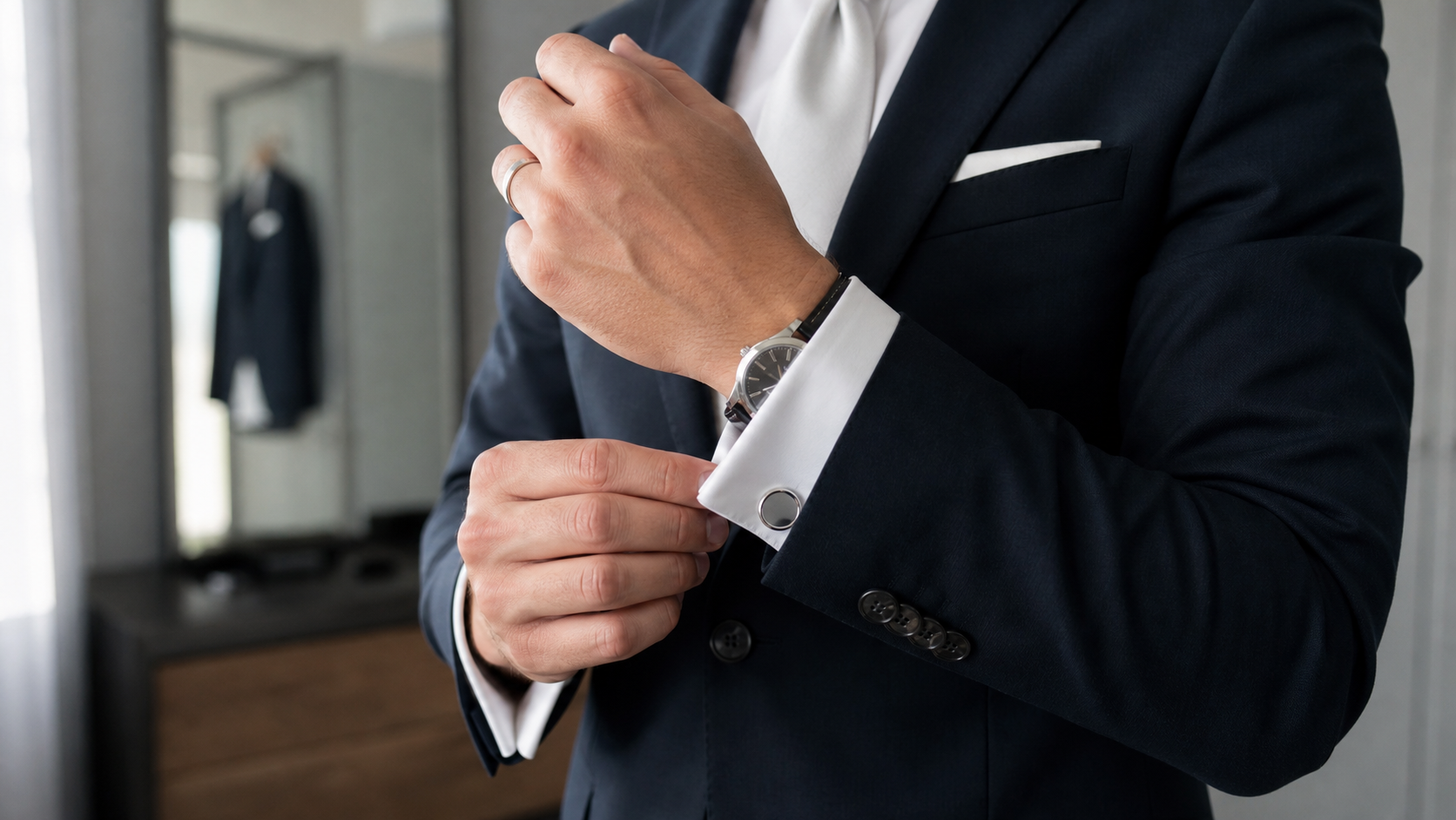 Groom wearing a wedding band, cufflink and watch with a navy suit