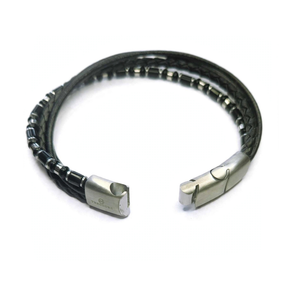 T.M.J black leather bracelet with braided leather strands and multi-strand design, featuring Corsair Black Agate accents.