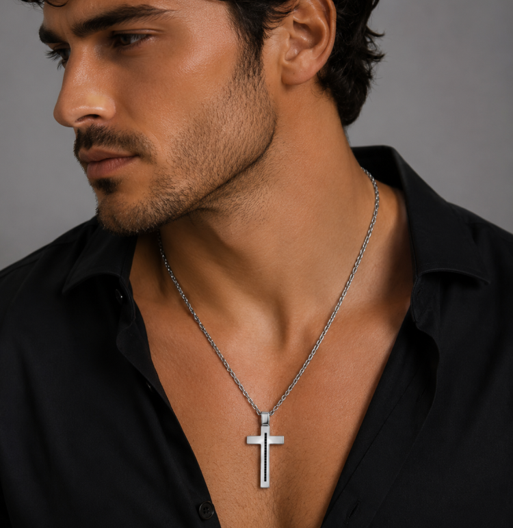 Hoxton London' Men's Sterling Silver Stone Black CZ Cross Adjustable Necklace 51cm/20" - 55cm/21.5