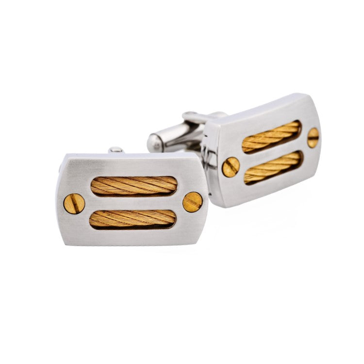 Brushed Stainless Steel & Ion-Plated Gold Cable & Screws Cufflinks