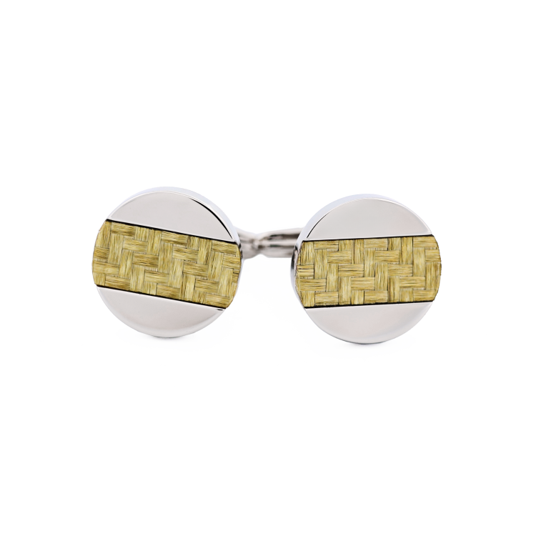 Stainless Steel Round Cufflinks with Lemon Colour Fiberglass Inlay