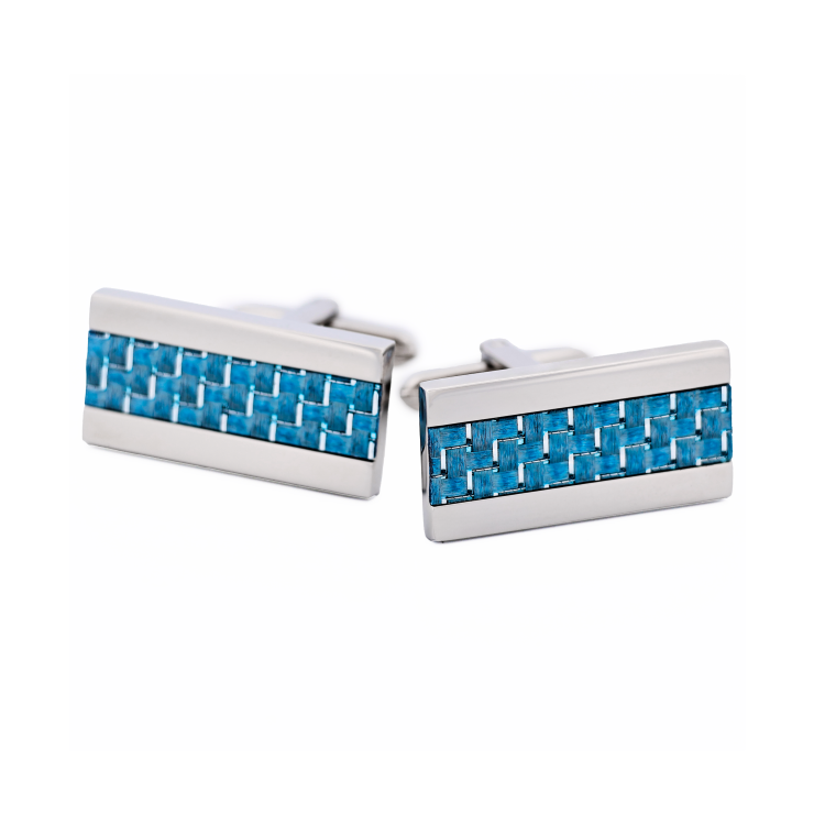 Stainless Steel Rectangular Cufflinks with Icy Blue Fiberglass Inlay