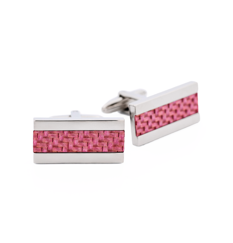 Stainless Steel Rectangular Cufflinks with Pink Fiberglass Inlay