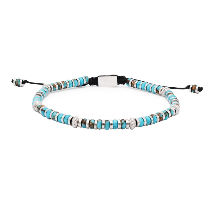 Coastline men's 4mm turquoise bead bracelet on braided macrame cord, alternate view