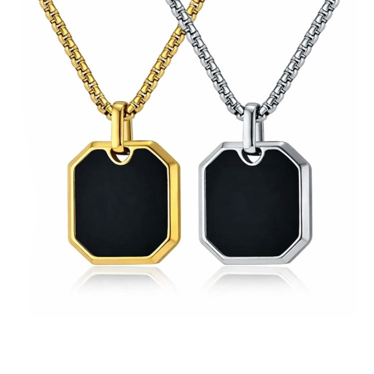 Stainless Steel Black Onyx Geometric Pendant with Chain