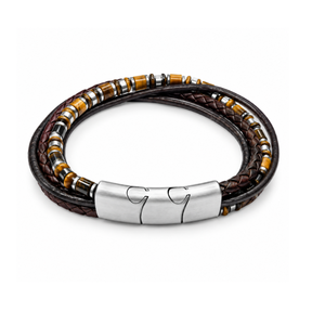 Corsair Tiger Eye and braided leather multi-strand bracelet by T.M.J, featuring natural tiger eye stones and woven leather strands.