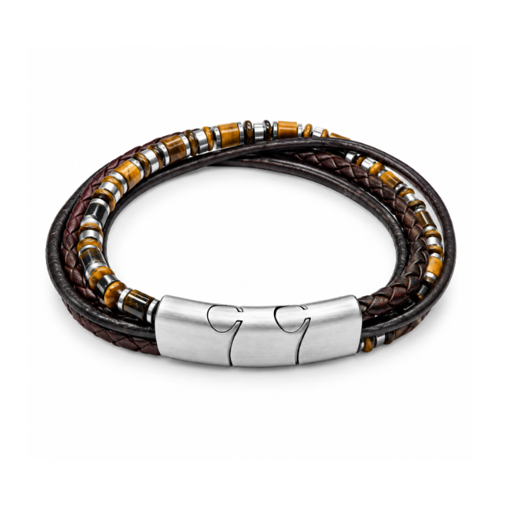 Corsair Tiger Eye and braided leather multi-strand bracelet by T.M.J, featuring natural tiger eye stones and woven leather strands.
