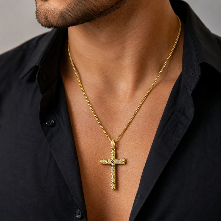 Aurelio Silver Cross Pendant with 18K Gold PVD Plating & Black Zirconium