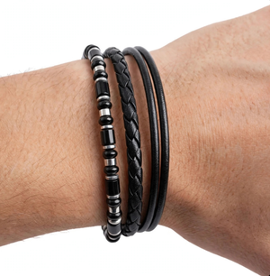 T.M.J black leather bracelet with braided leather strands and multi-strand design, featuring Corsair Black Agate accents.