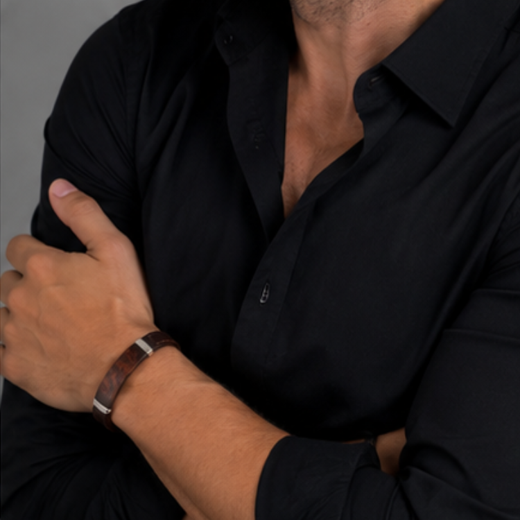 Men's Brown Leather Bracelet with Leopard Wood Inlay