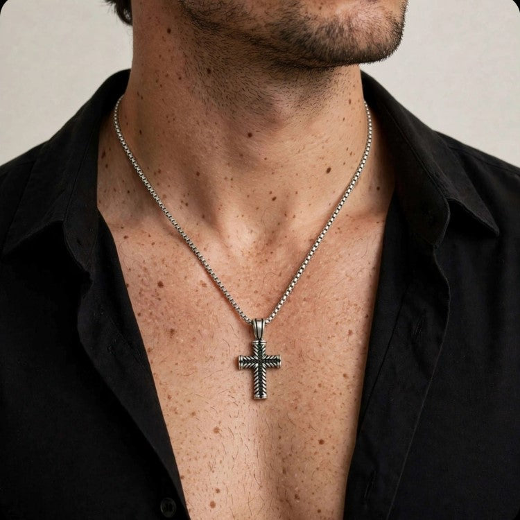 Kestrel Men's Stainless Steel Cross with Black Cubic Zirconia