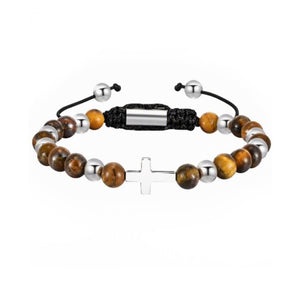 Sentinel Tiger Eye beaded cross bracelet in stainless steel featuring round tiger eye beads and a small cross pendant.