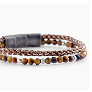 Marlowe Tiger Eye and braided leather wrap bracelet by TMJ featuring tiger eye stones and woven leather strands.