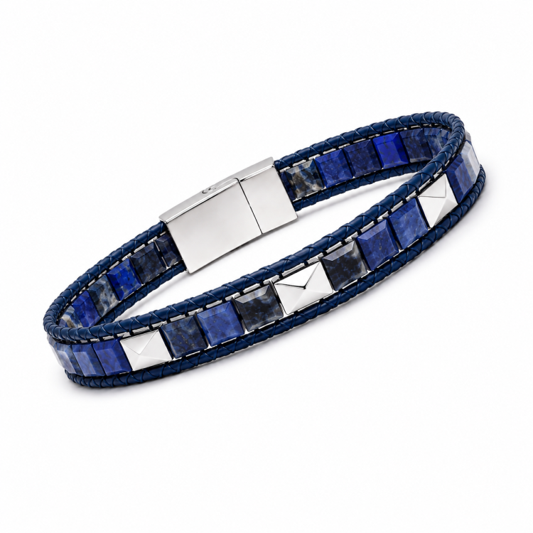 T.M.J Kairos Sodalite beaded bracelet with silver accents, featuring round blue sodalite beads and silver spacer details.