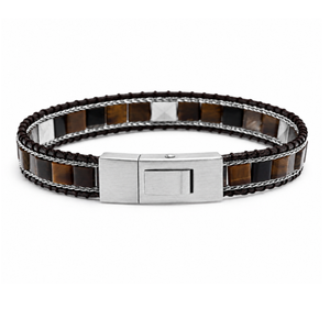 T.M.J Kairos Tiger Eye bead bracelet with silver accents, featuring polished tiger eye stones and silver spacer beads.