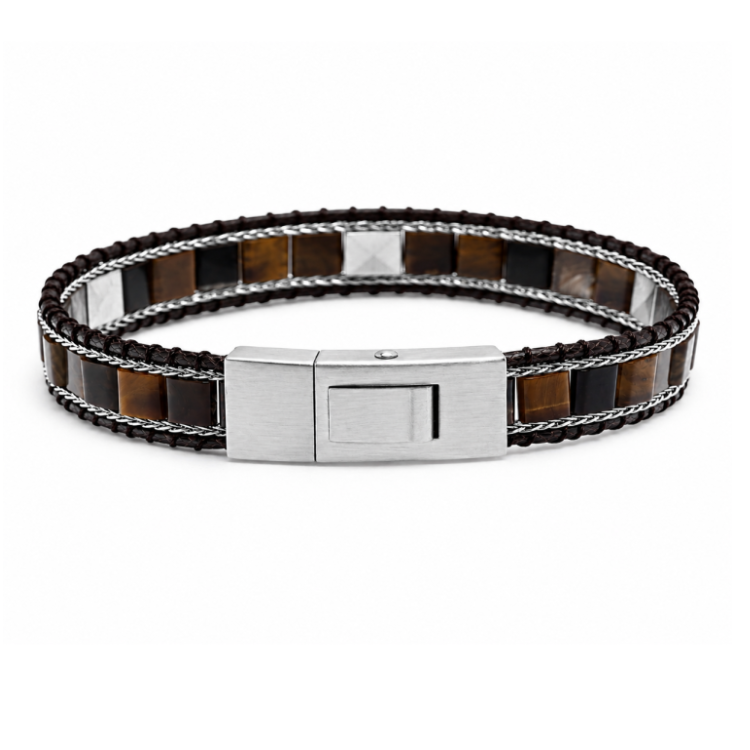 T.M.J Kairos Tiger Eye bead bracelet with silver accents, featuring polished tiger eye stones and silver spacer beads.