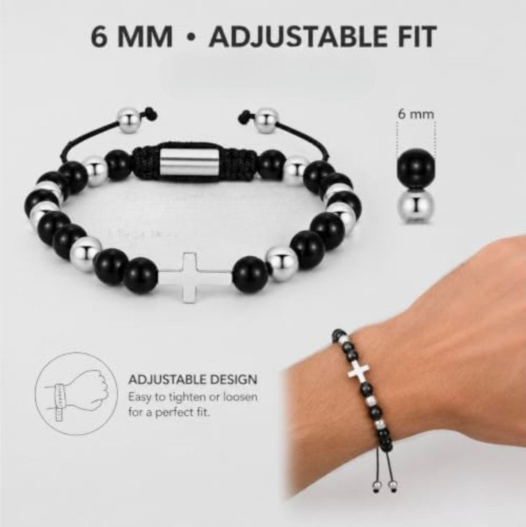 Sentinel Onyx beaded cross bracelet by T.M.J featuring black onyx beads and stainless steel cross for men's jewelry.