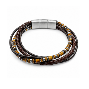 T.M.J leather bracelet featuring Corsair Tiger Eye stones and braided leather multi-strand design.
