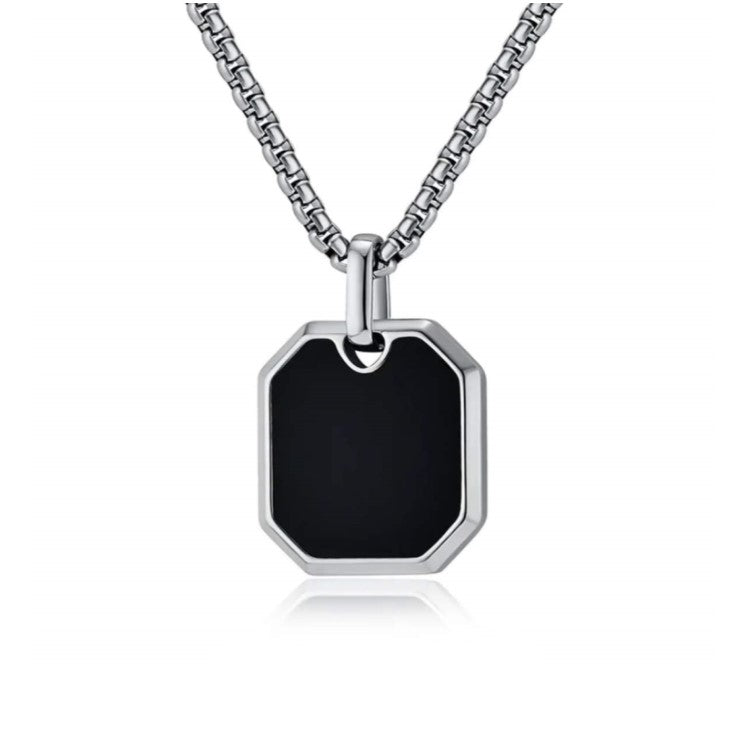 Stainless Steel Black Onyx Geometric Pendant with Chain
