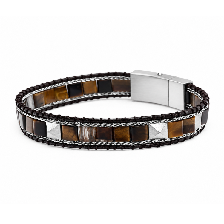 T.M.J Kairos Tiger Eye bead bracelet with silver accents, showcasing polished tiger eye stones and silver bead details.