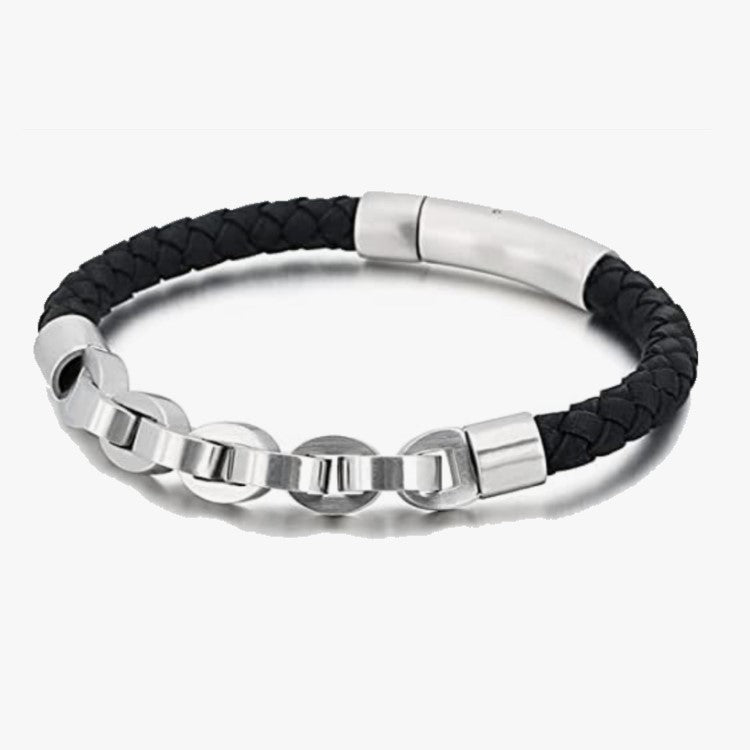 Stainless Steel Titanium Braided Genuine Leather Bracelet