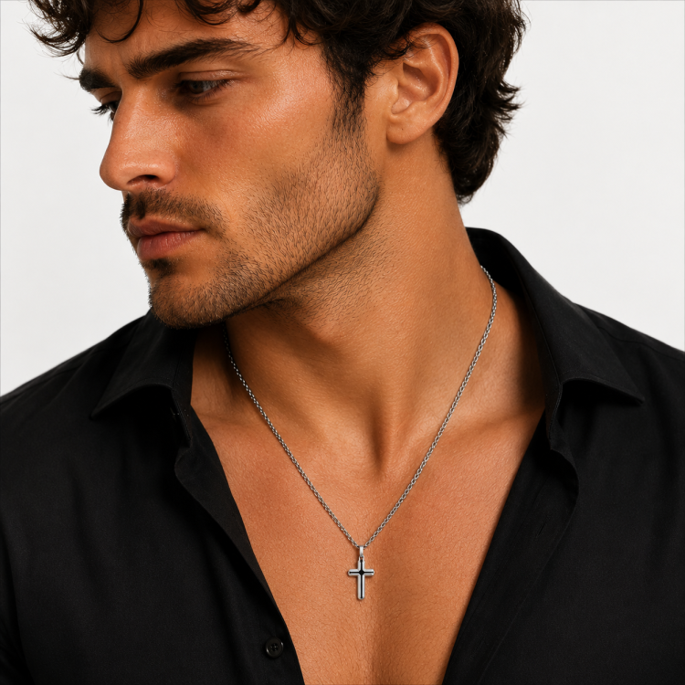 Stainless Steel Small Cross Pendant with Black Inlay