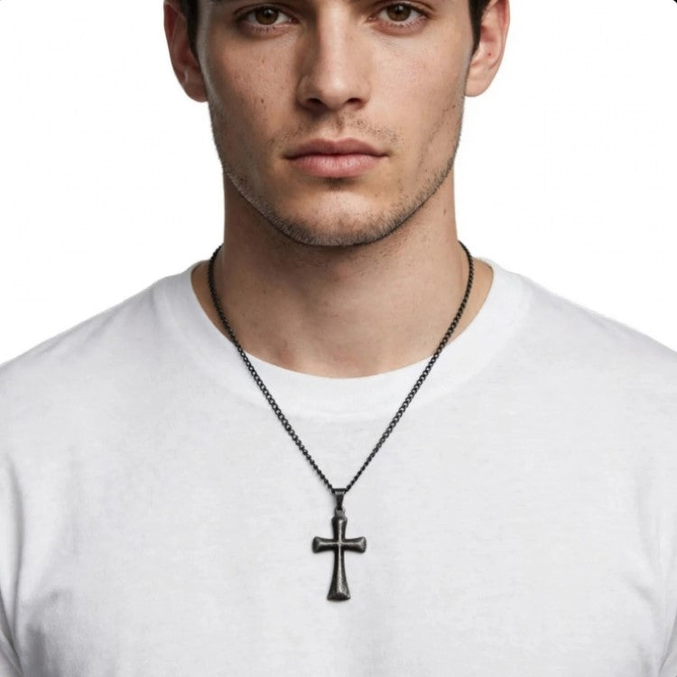 Crusader Antique Steel Cross Pendant with Matte Black Chain