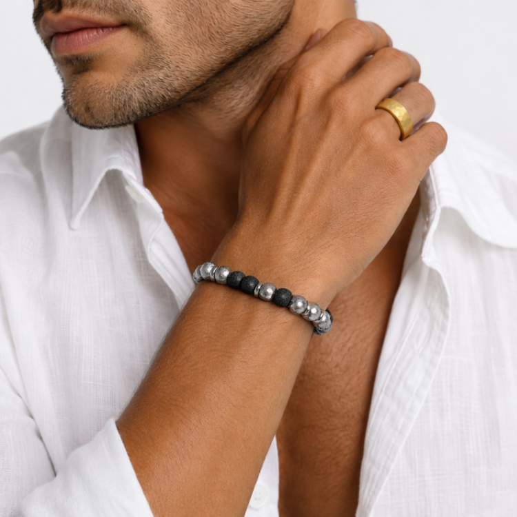 Stainless Steel Silver &amp; Black Metal Bead Bracelet