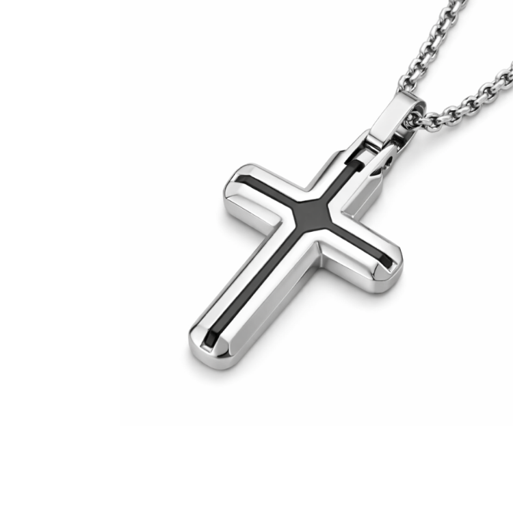 Stainless Steel Small Cross Pendant with Black Inlay