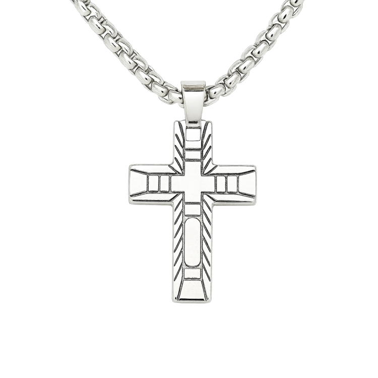 Celestis Stainless Steel Small Cross Pendant with Satin Inlay and chain
