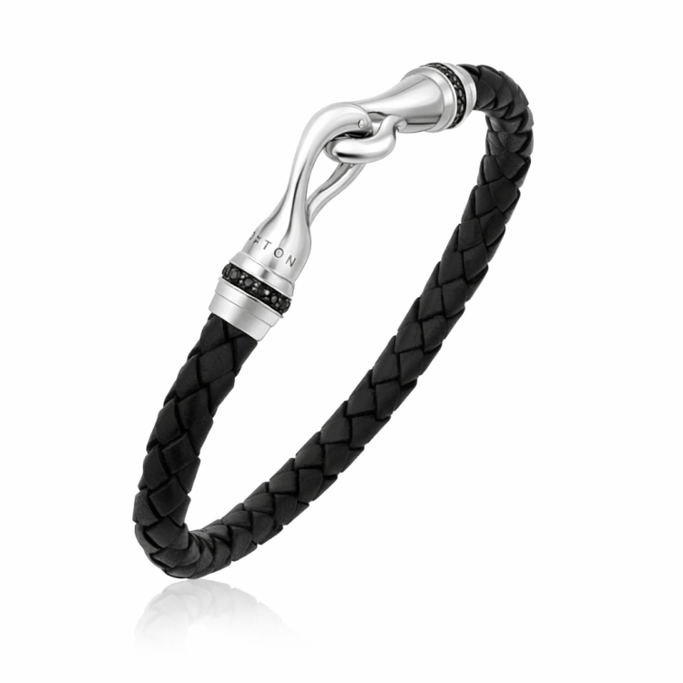 Hoxton London' Men's Sterling Silver Black Sapphire Set Silver and Leather Hook Bracelet