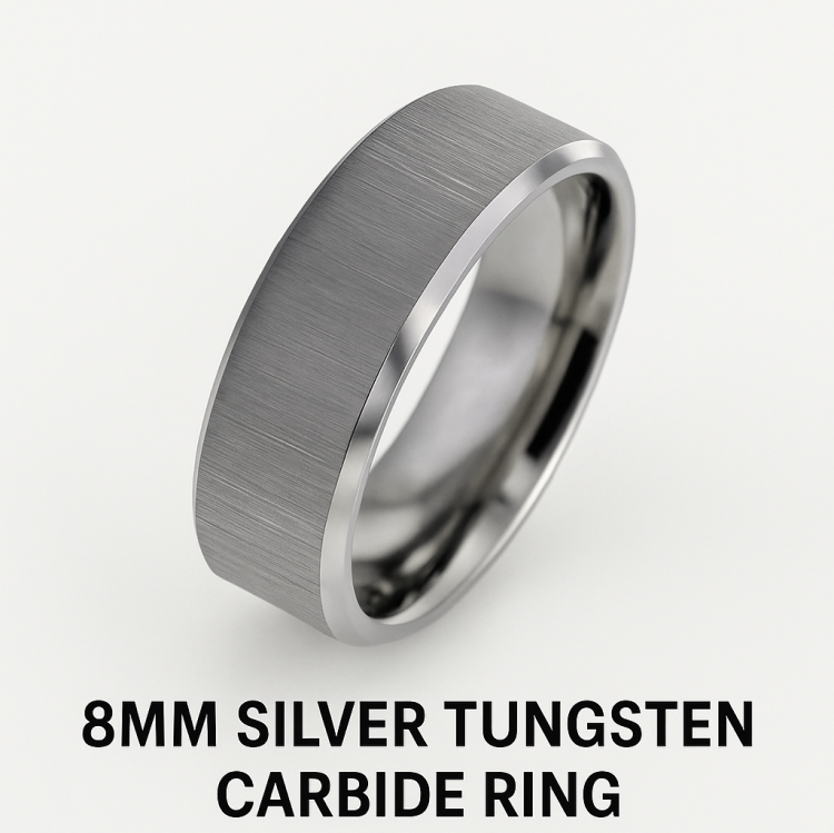 8mm Silver Tungsten Carbide Ring with cross satin and polished finish.