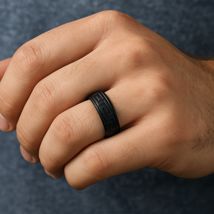 Black Zirconium Greek Key Design Band Men's Ring