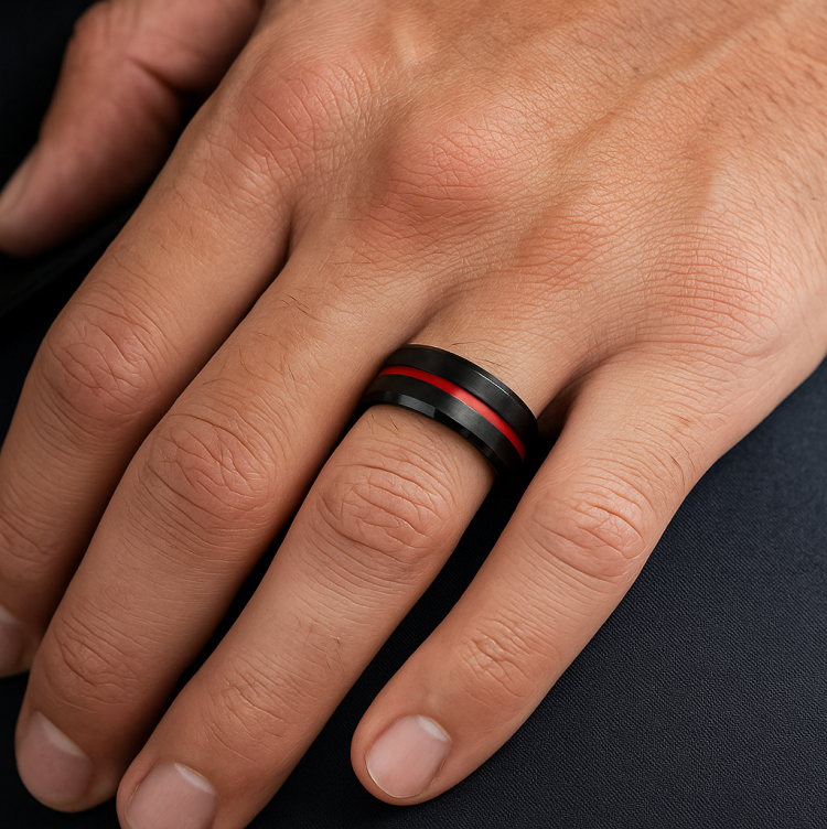 8mm black tungsten ring with red ion-plated groove and polished beveled edges on a hand.