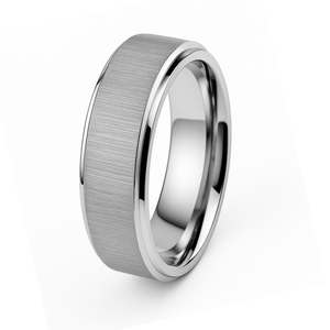 8mm silver tungsten carbide ring with cross satin finish and polished edges.