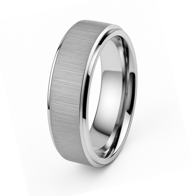 8mm silver tungsten carbide ring with cross satin finish and polished edges.