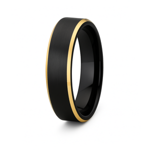 Black & gold tungsten carbide ring with satin black surface and polished yellow gold beveled edges.