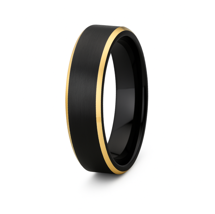 Black & gold tungsten carbide ring with satin black surface and polished yellow gold beveled edges.