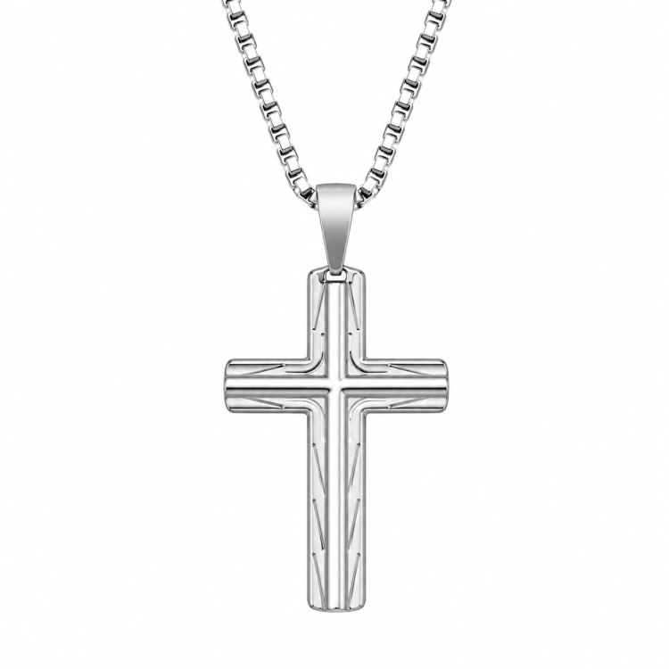 Stainless Steel Cross Pendant with Sculpted Side Design