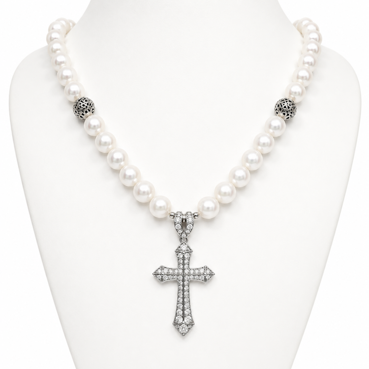 Sterling Silver Cross with Cubic Zirconia and Baroque Pearls Necklace