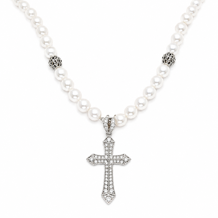 Sterling Silver Cross with Cubic Zirconia and Baroque Pearls Necklace