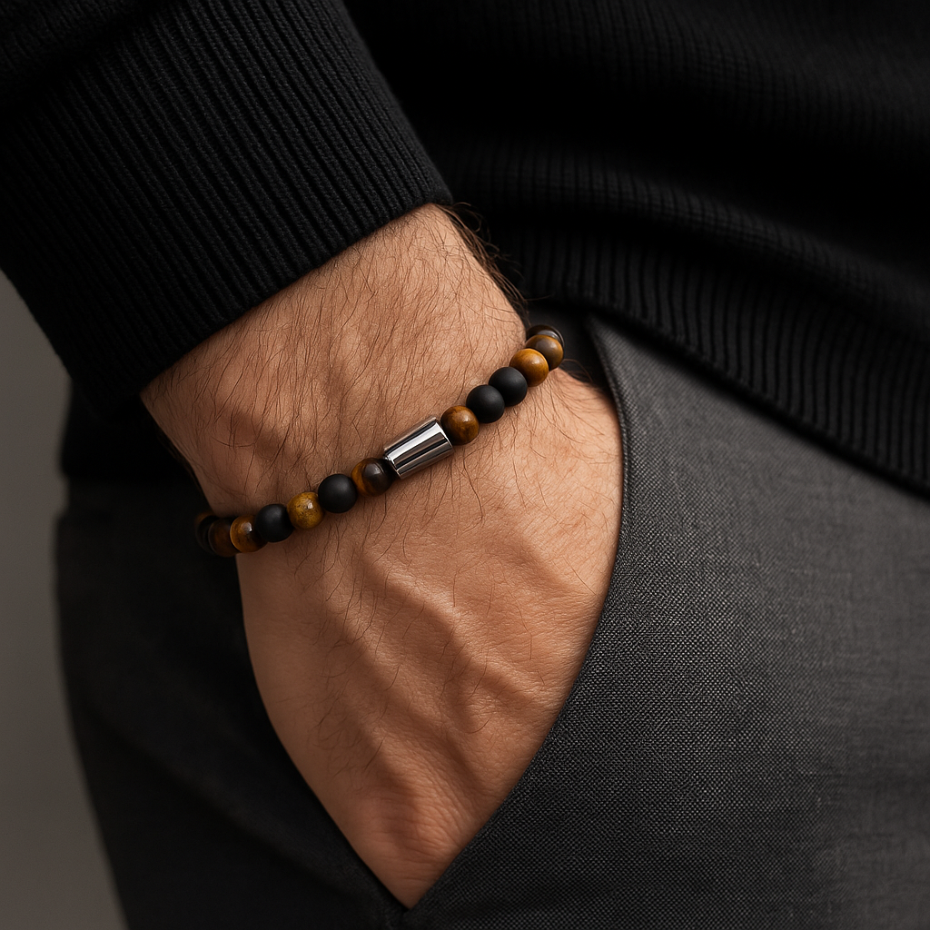 Black onyx and Tiger Eye bead bangle with stainless steel clasp