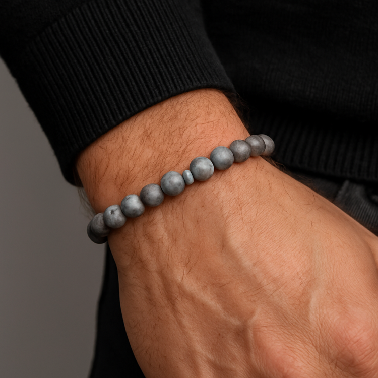 Natural Gray Jasper beads bracelet on wrist, handcrafted and elastic.